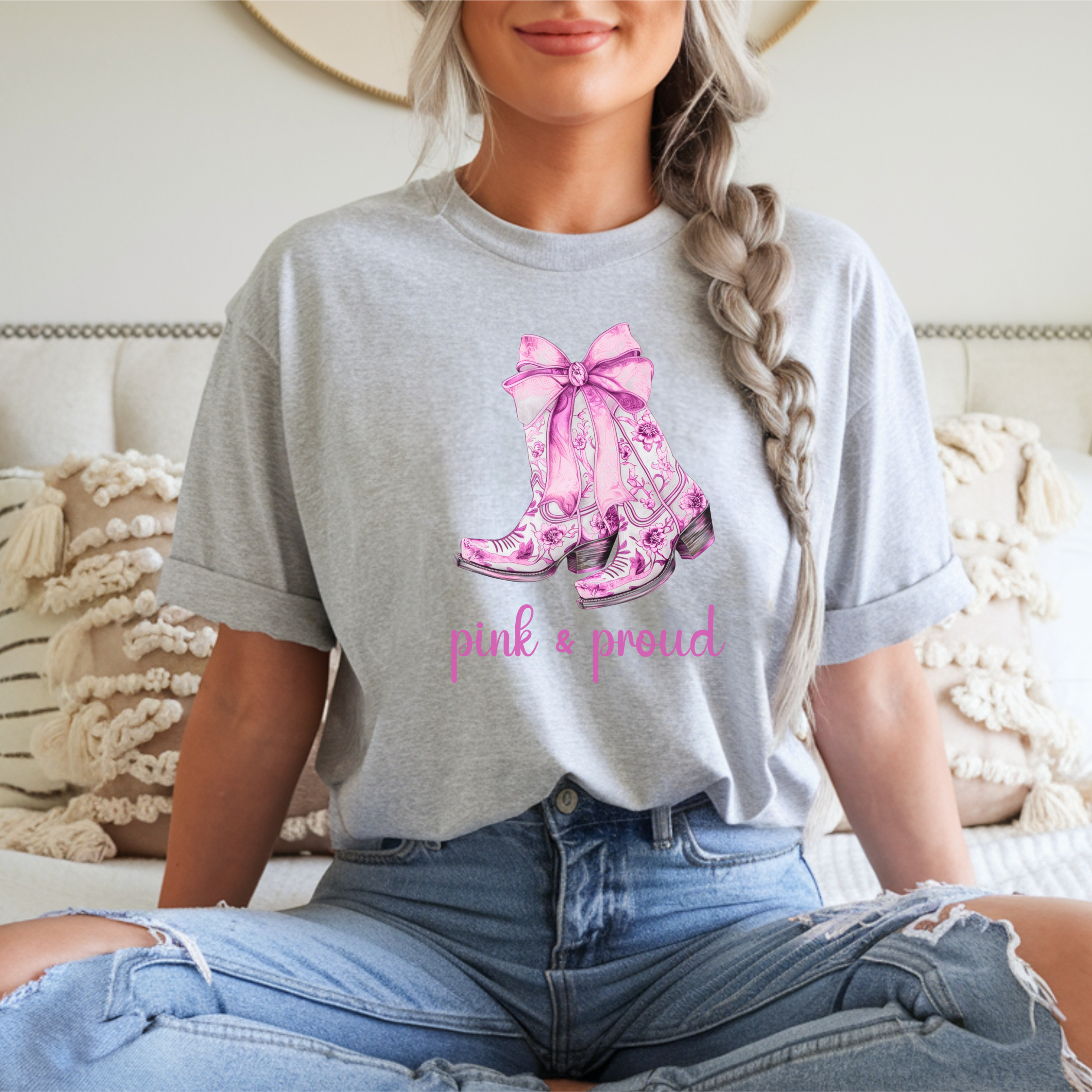 Pink and Proud T-Shirt, Pink Cowboy Boots Graphic Tee, Trendy Boho Statement Shirt
