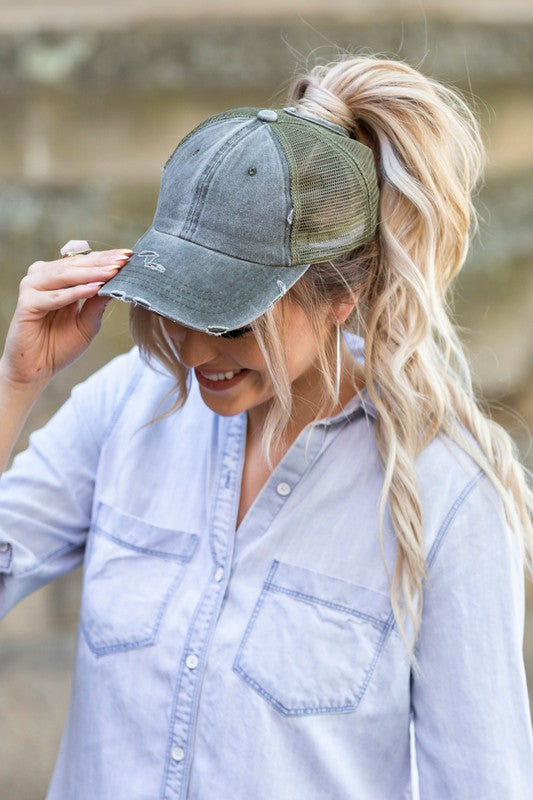 Distressed Ponytail Hat – Messy Bun Trucker Cap – Casual Boho Everyday Style