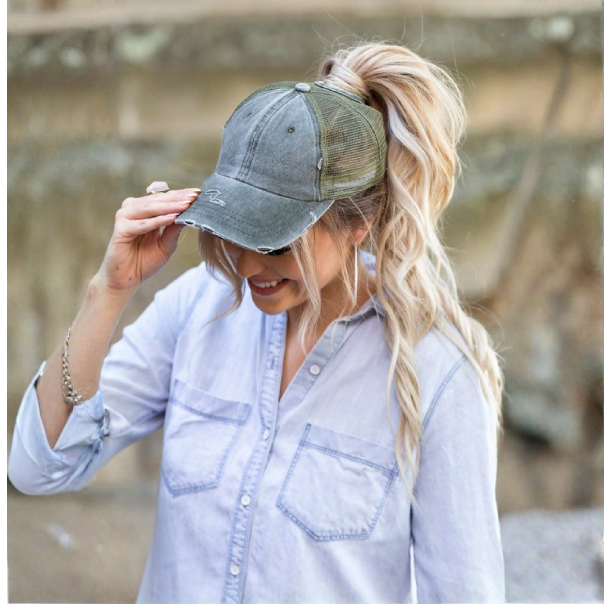 Distressed Ponytail Hat – Messy Bun Trucker Cap – Casual Boho Everyday Style