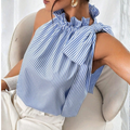 Blue Stripe Ruffle Neck Bow Tie Blouse
