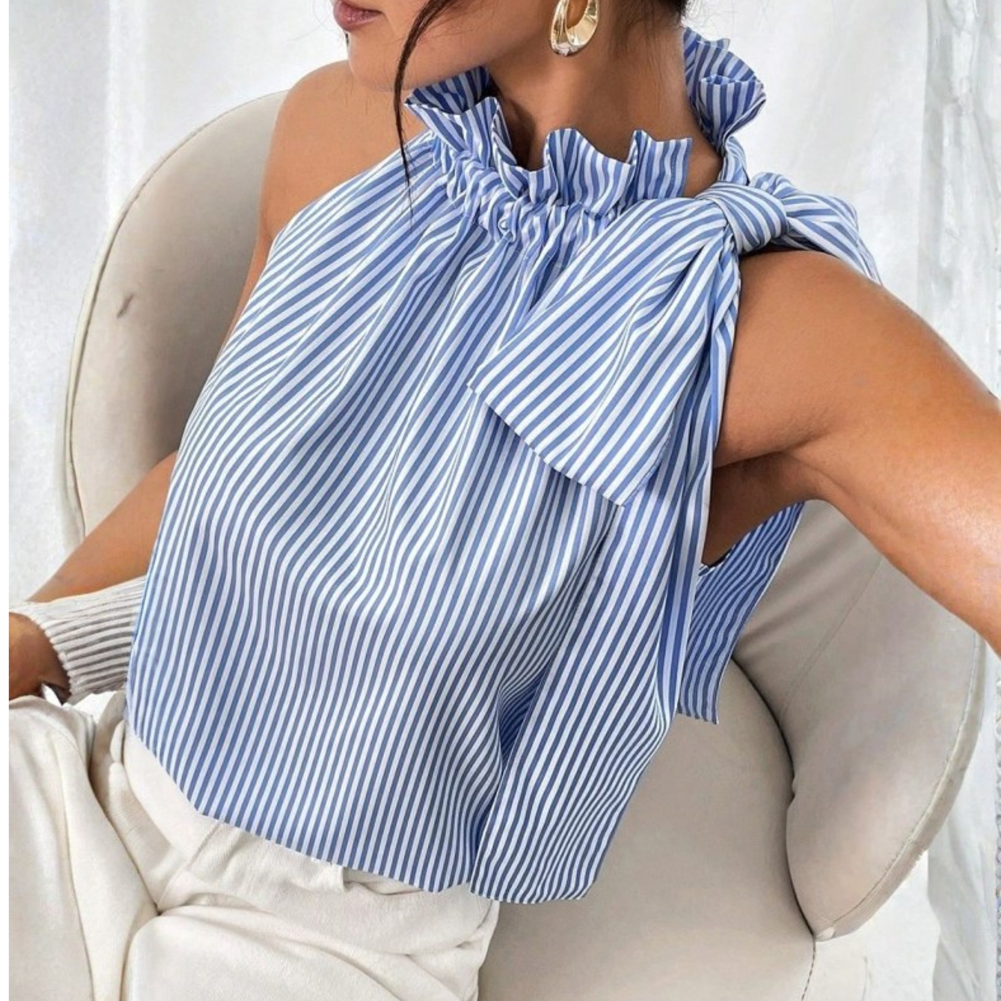Blue Stripe Ruffle Neck Bow Tie Blouse