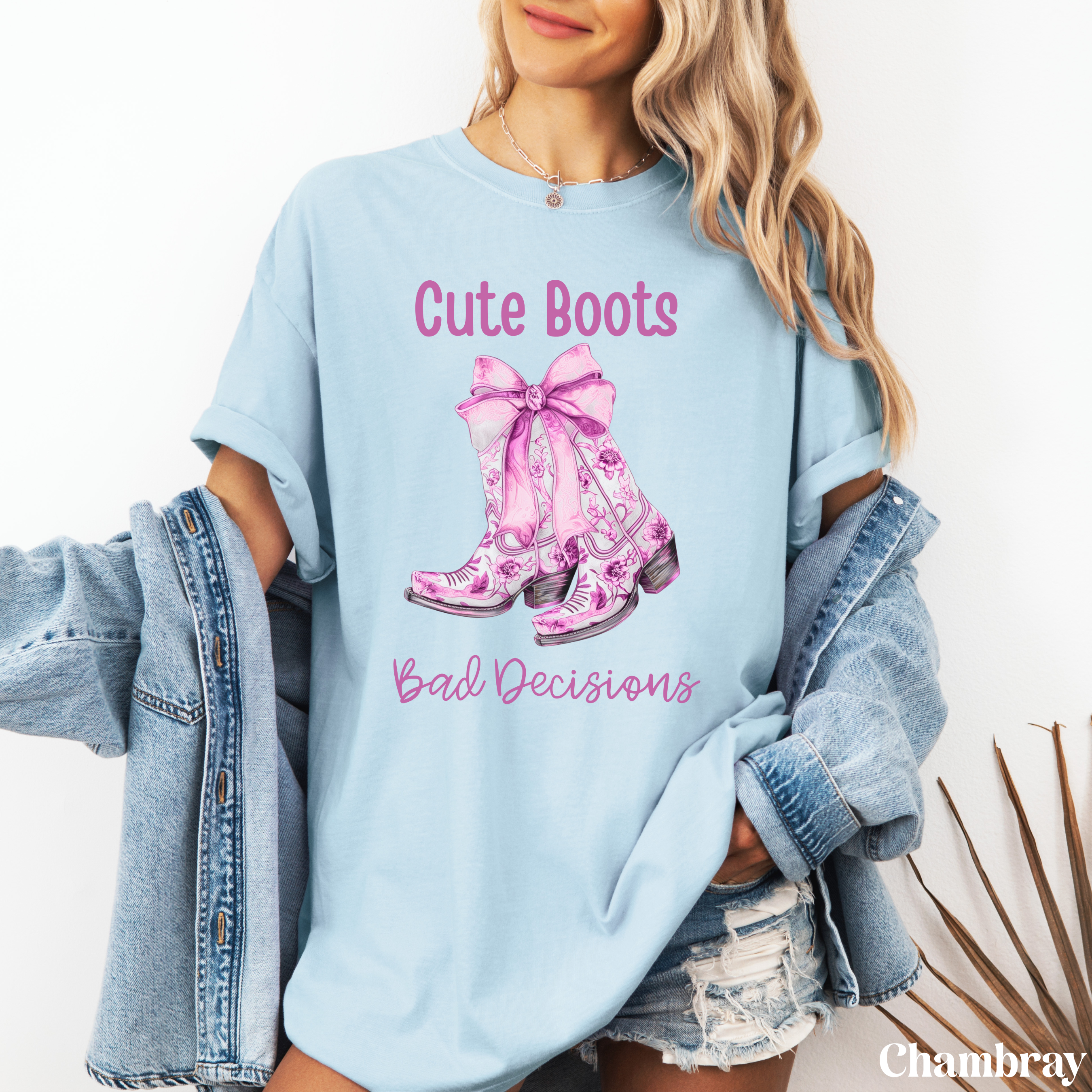 Cute Boots, Bad Decisions T-Shirt | Pink Cowboy Boots Graphic