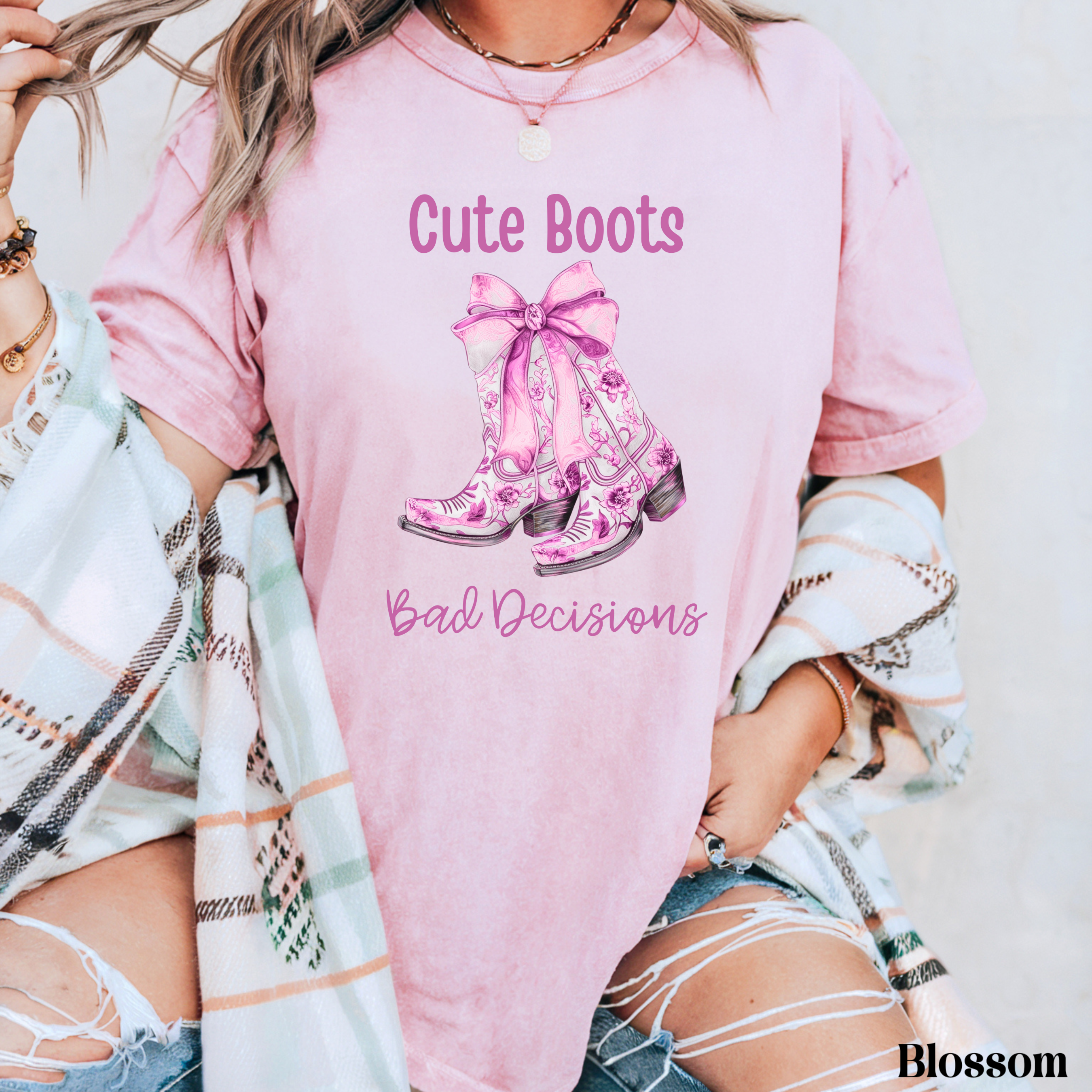 Cute Boots, Bad Decisions T-Shirt | Pink Cowboy Boots Graphic