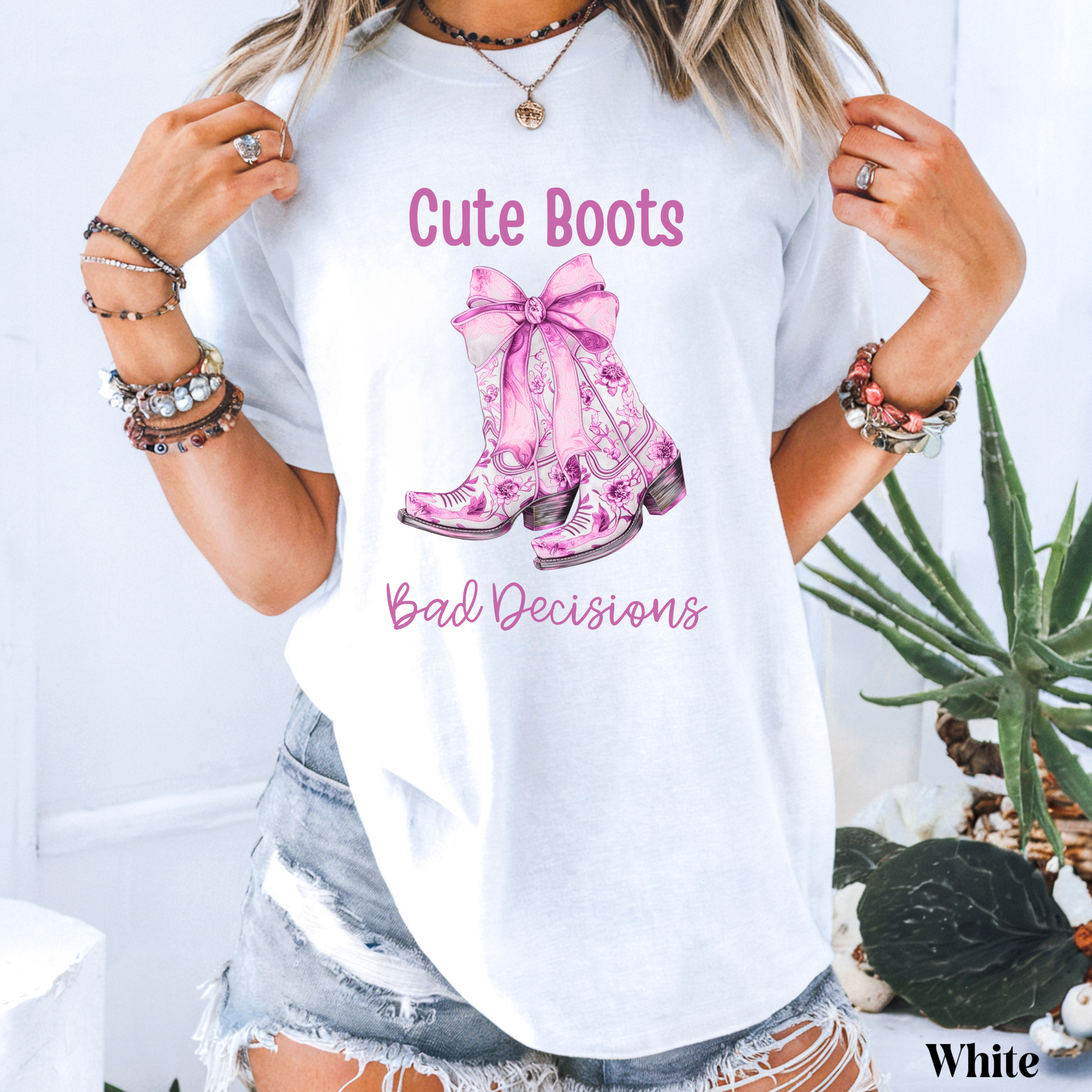 Cute Boots, Bad Decisions T-Shirt | Pink Cowboy Boots Graphic