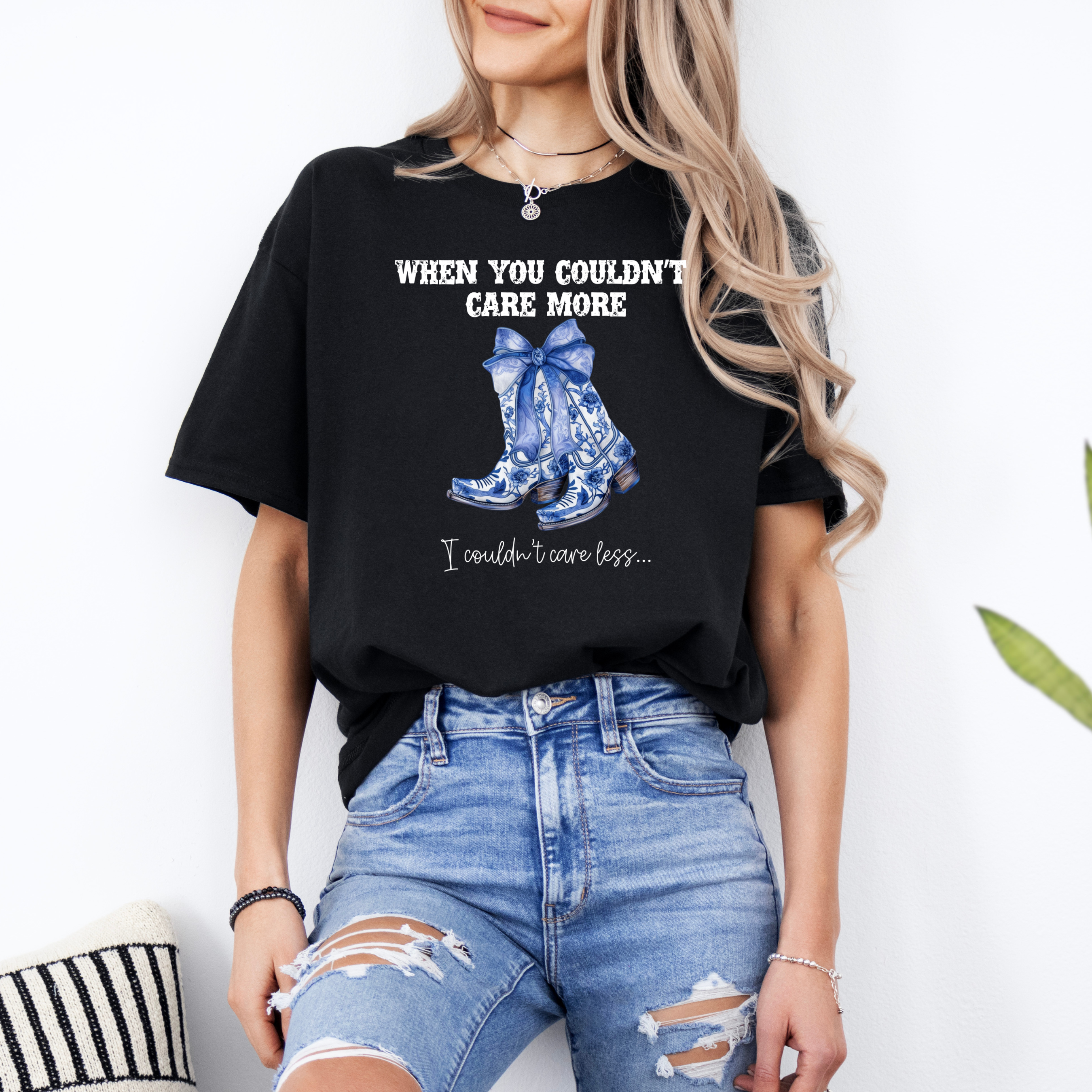 When You Couldn't Care More, I Couldn't Care Less T-Shirt, Blue Cowgirl Boots Graphic Tee, Sassy Boho Shirt