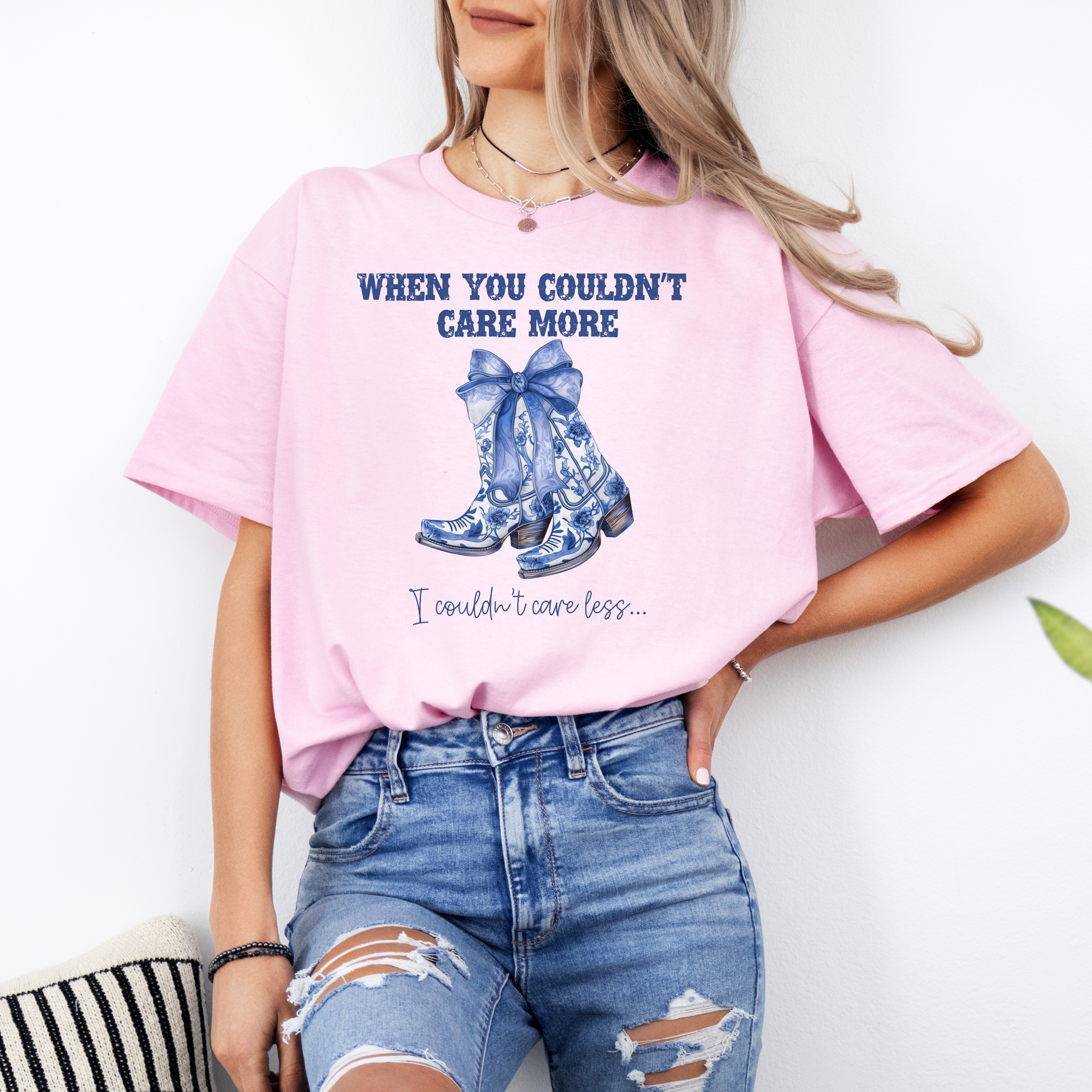 When You Couldn't Care More, I Couldn't Care Less T-Shirt, Blue Cowgirl Boots Graphic Tee, Sassy Boho Shirt