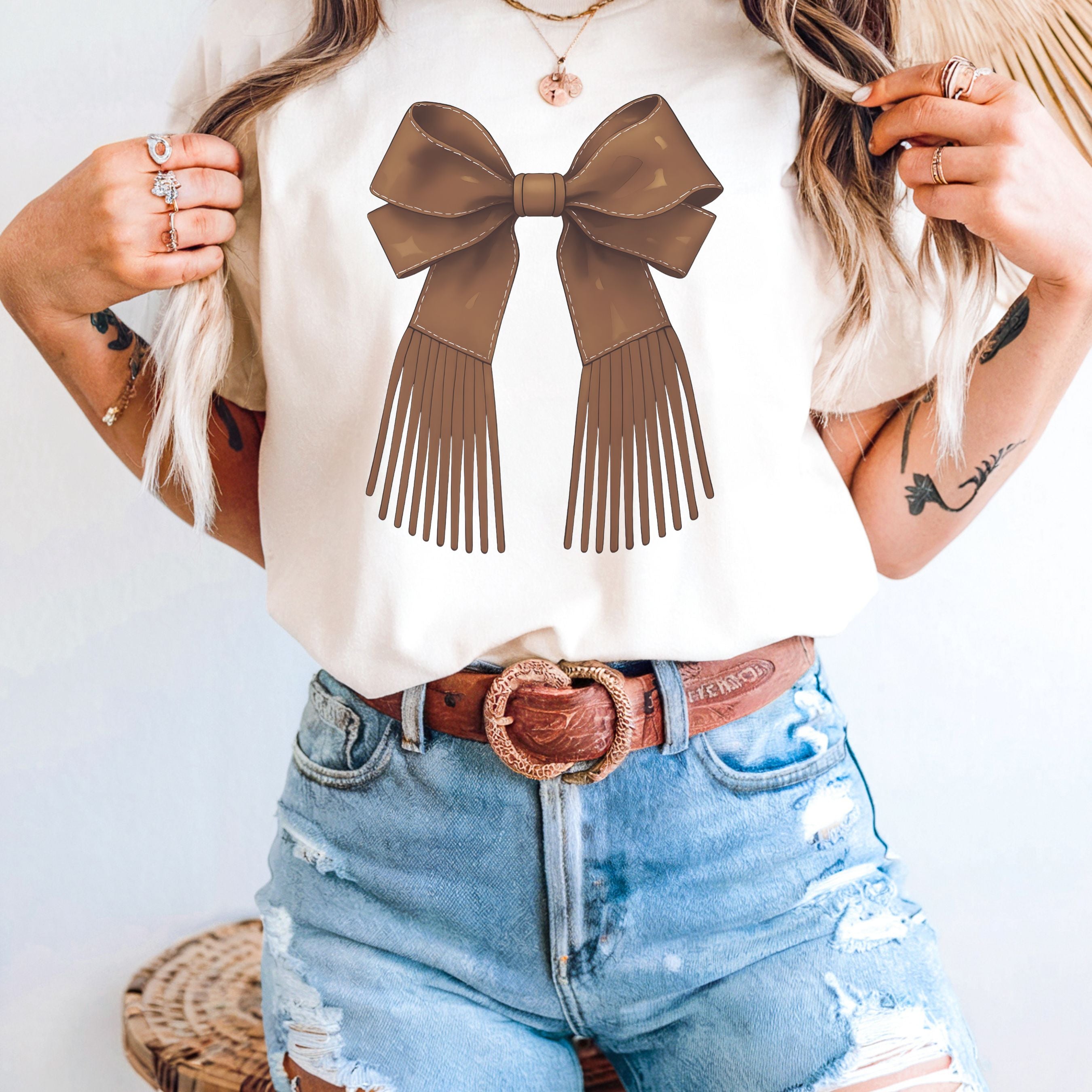 Brown Bow with Cowboy Fringe T-shirt, Western Style Tee, Vintage Western