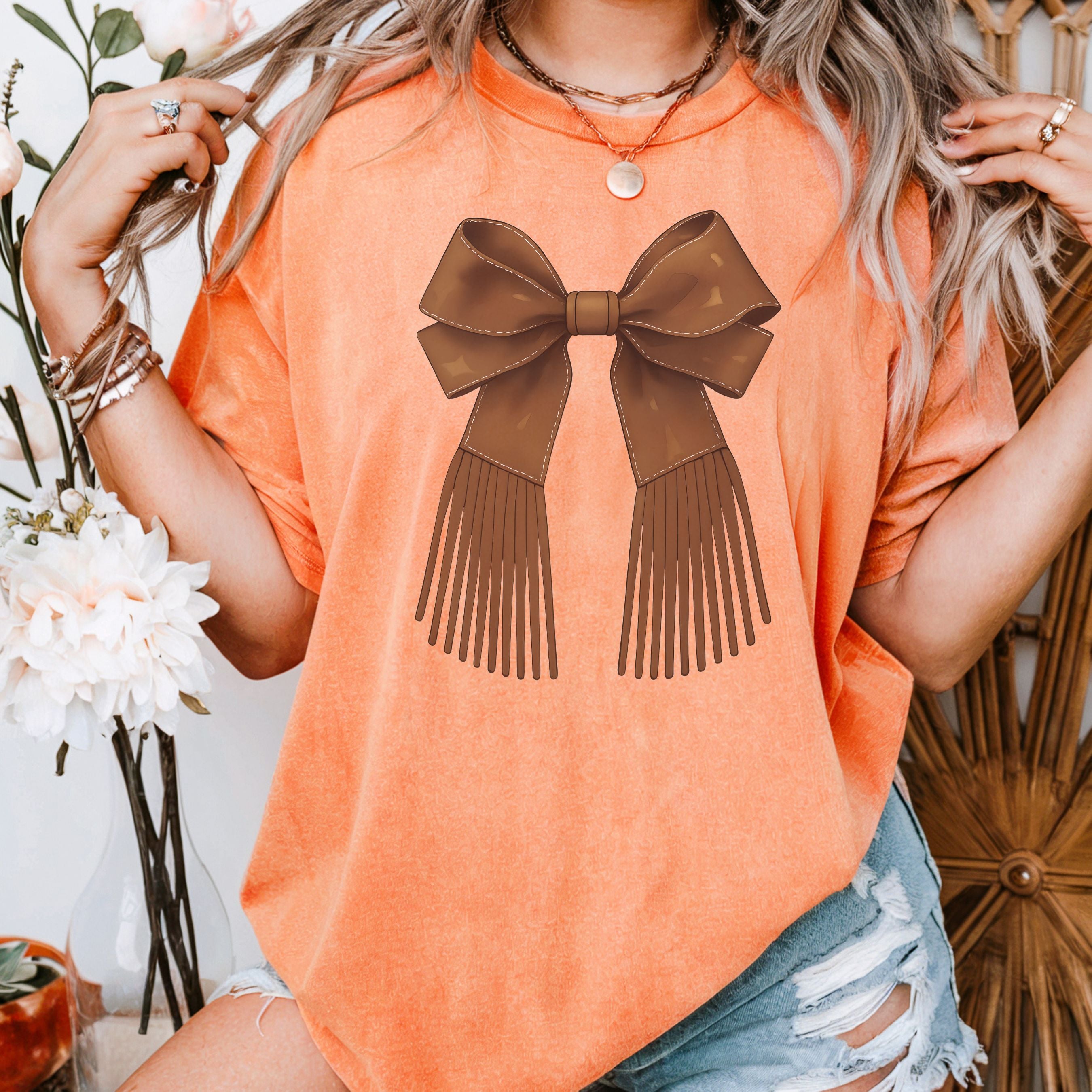 Brown Bow with Cowboy Fringe T-shirt, Western Style Tee, Vintage Western
