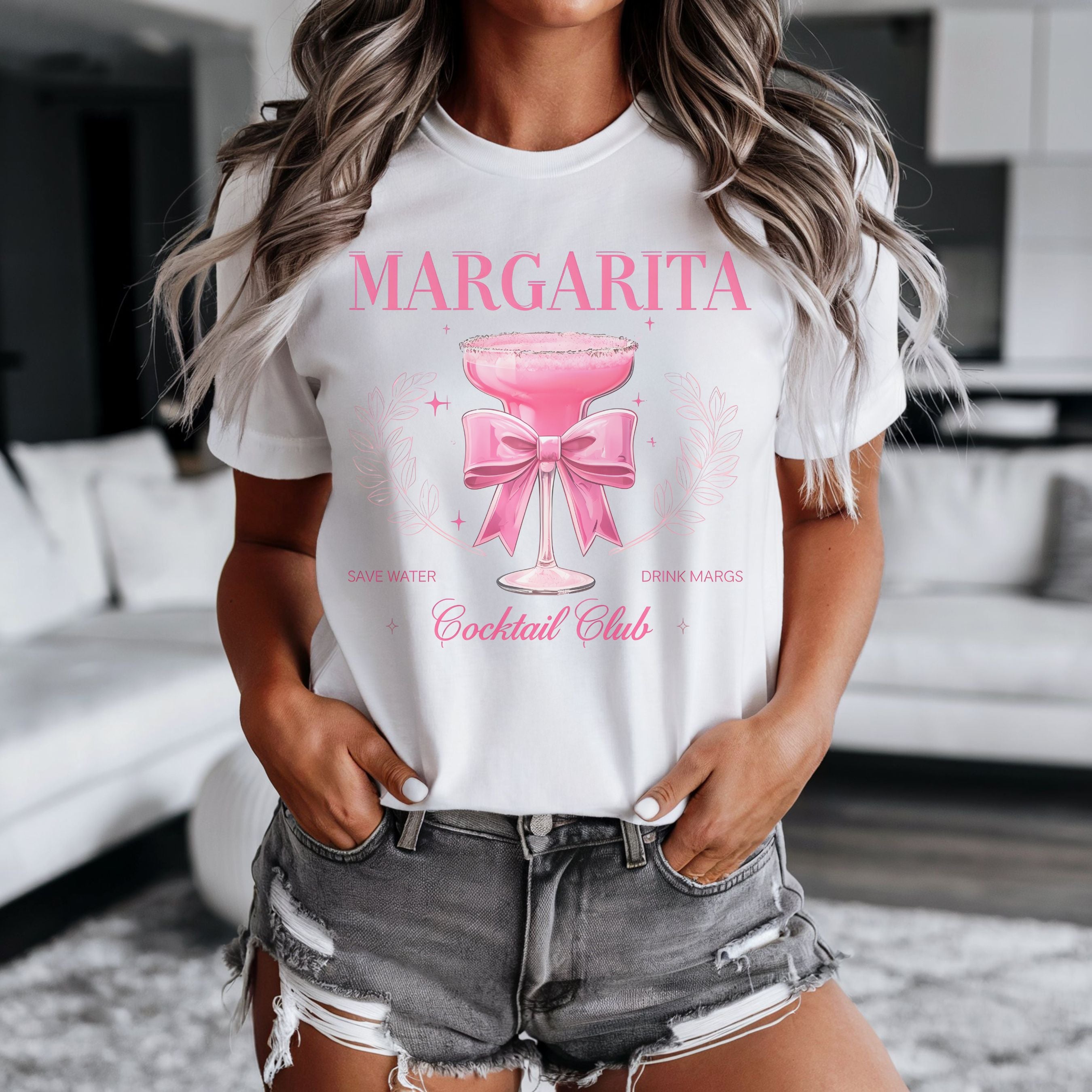 Margarita cocktail club graphic t-shirt with the phrase “Save Water, Drink Margs.”
