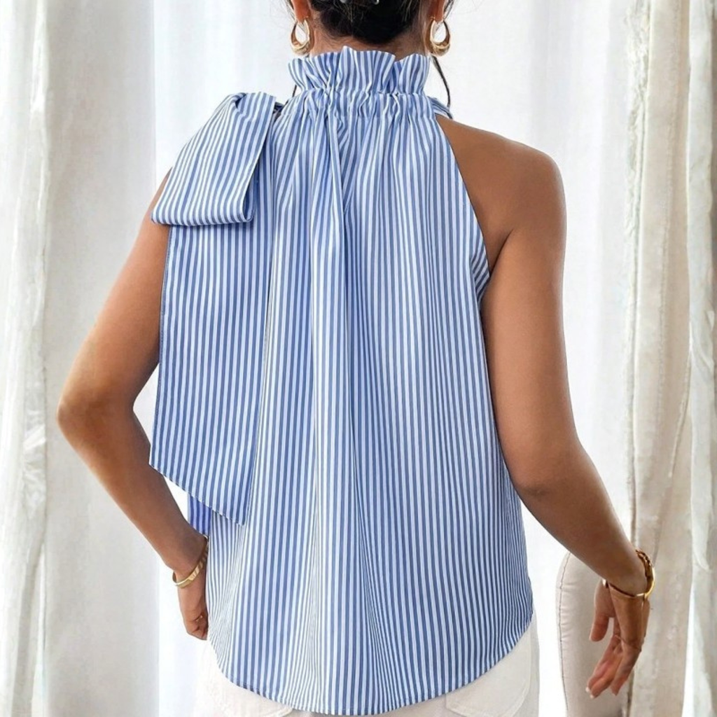 Blue Stripe Ruffle Neck Bow Tie Blouse
