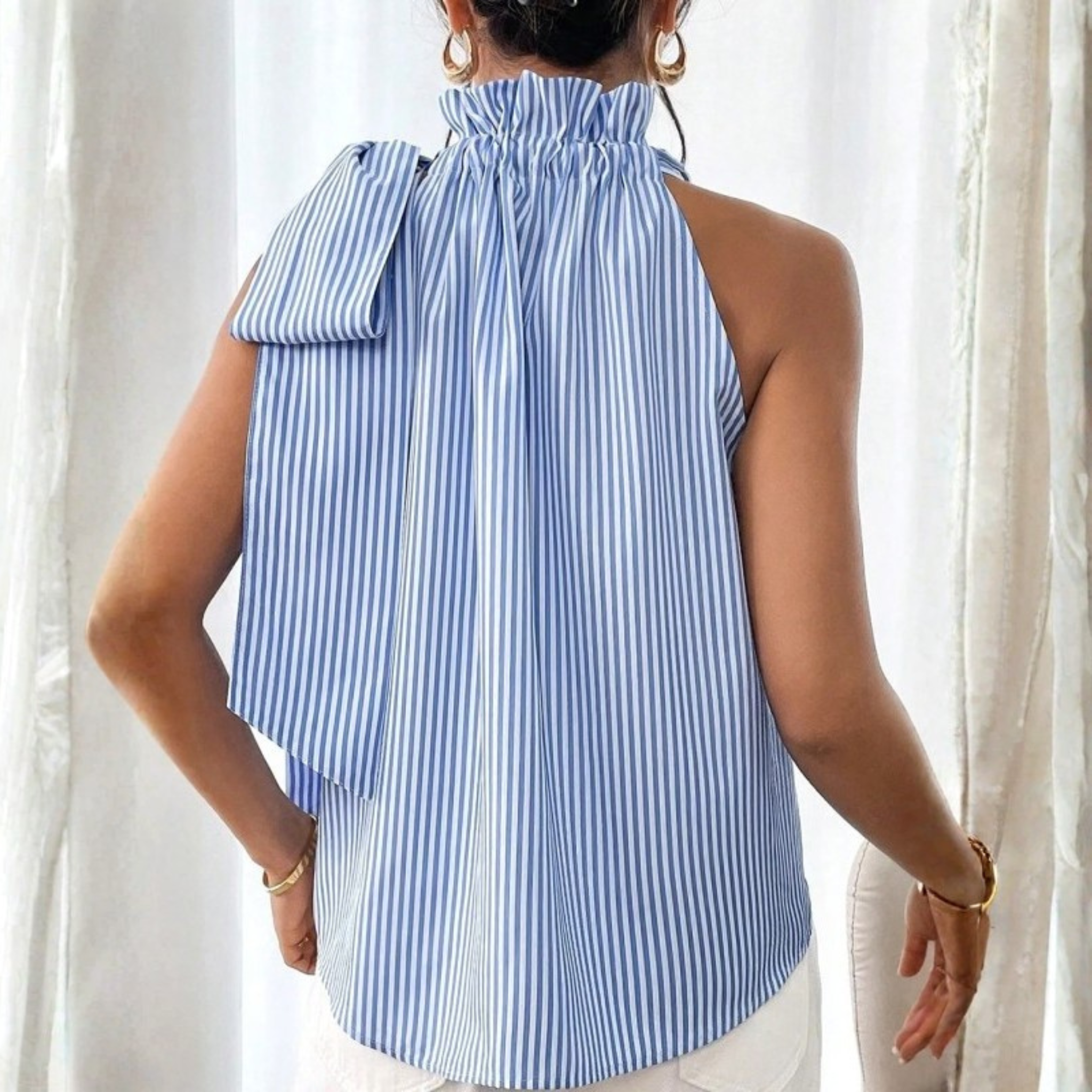 Blue Stripe Ruffle Neck Bow Tie Blouse