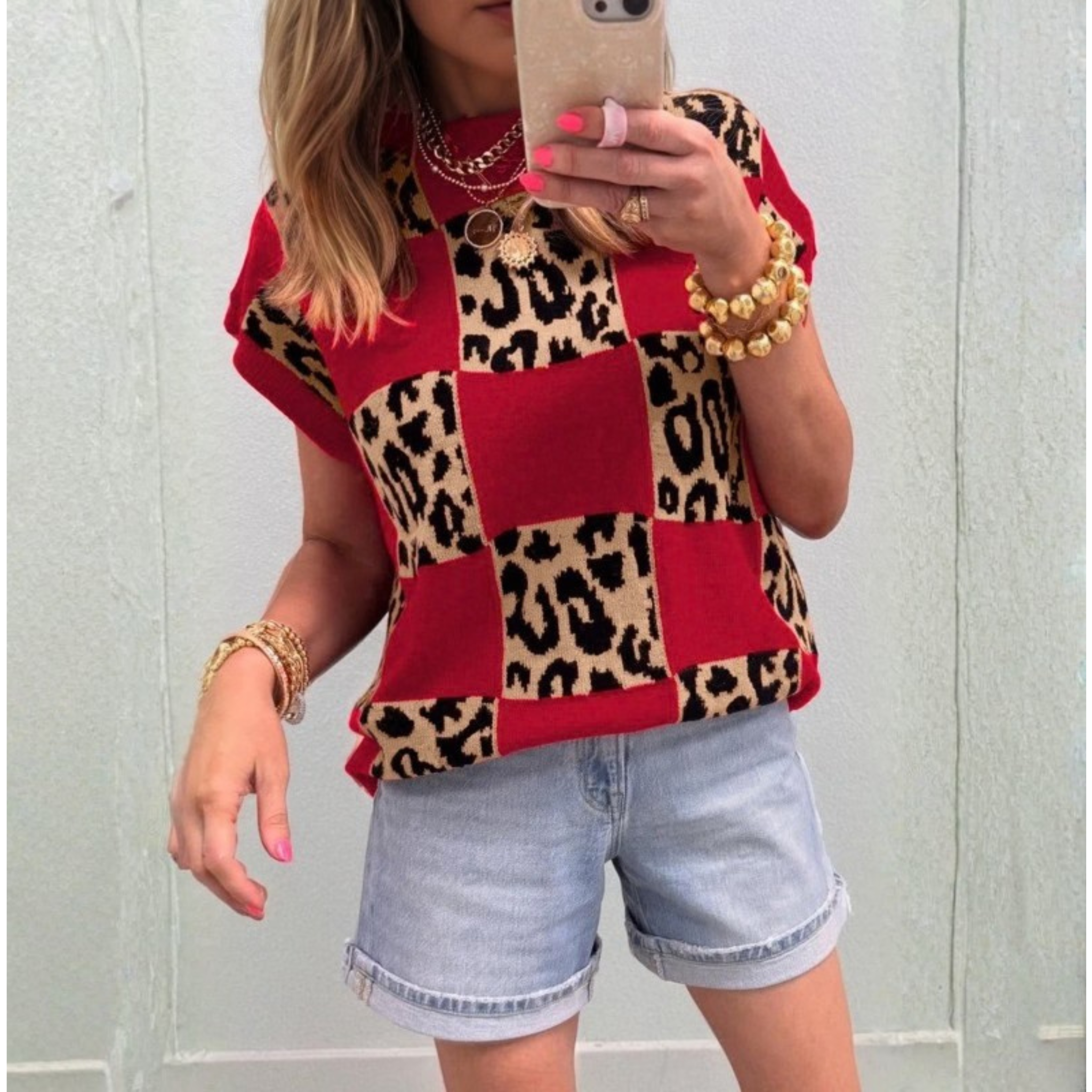 Red Leopard Patchwork Knit Top