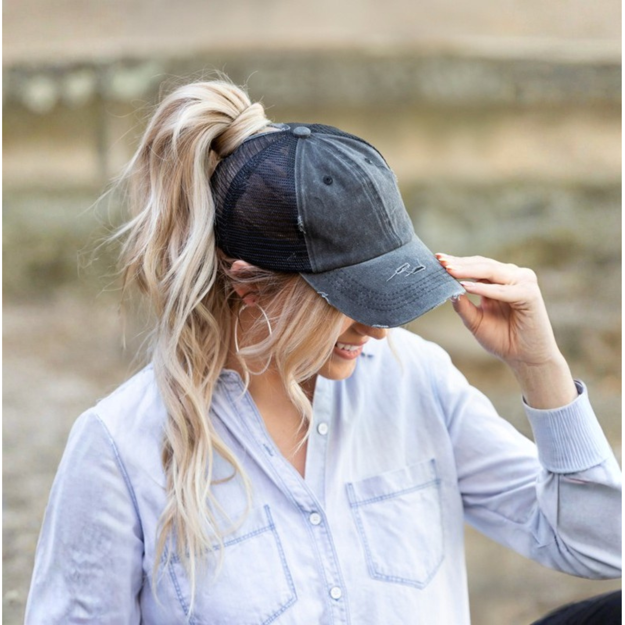 Distressed Ponytail Hat – Messy Bun Trucker Cap – Casual Boho Everyday Style
