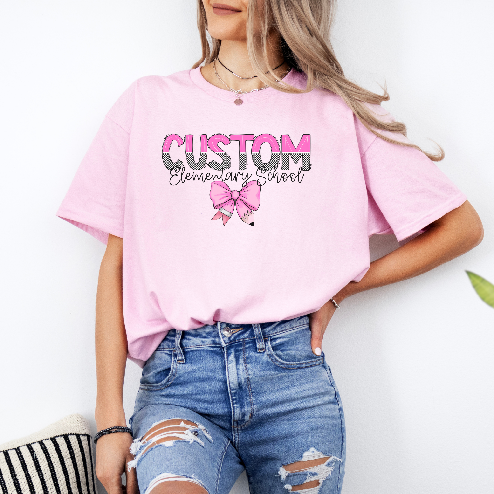 Custom Mascot Bow Tee | Coquette School Spirit Shirt, Trendy Checkered Graphic Tee