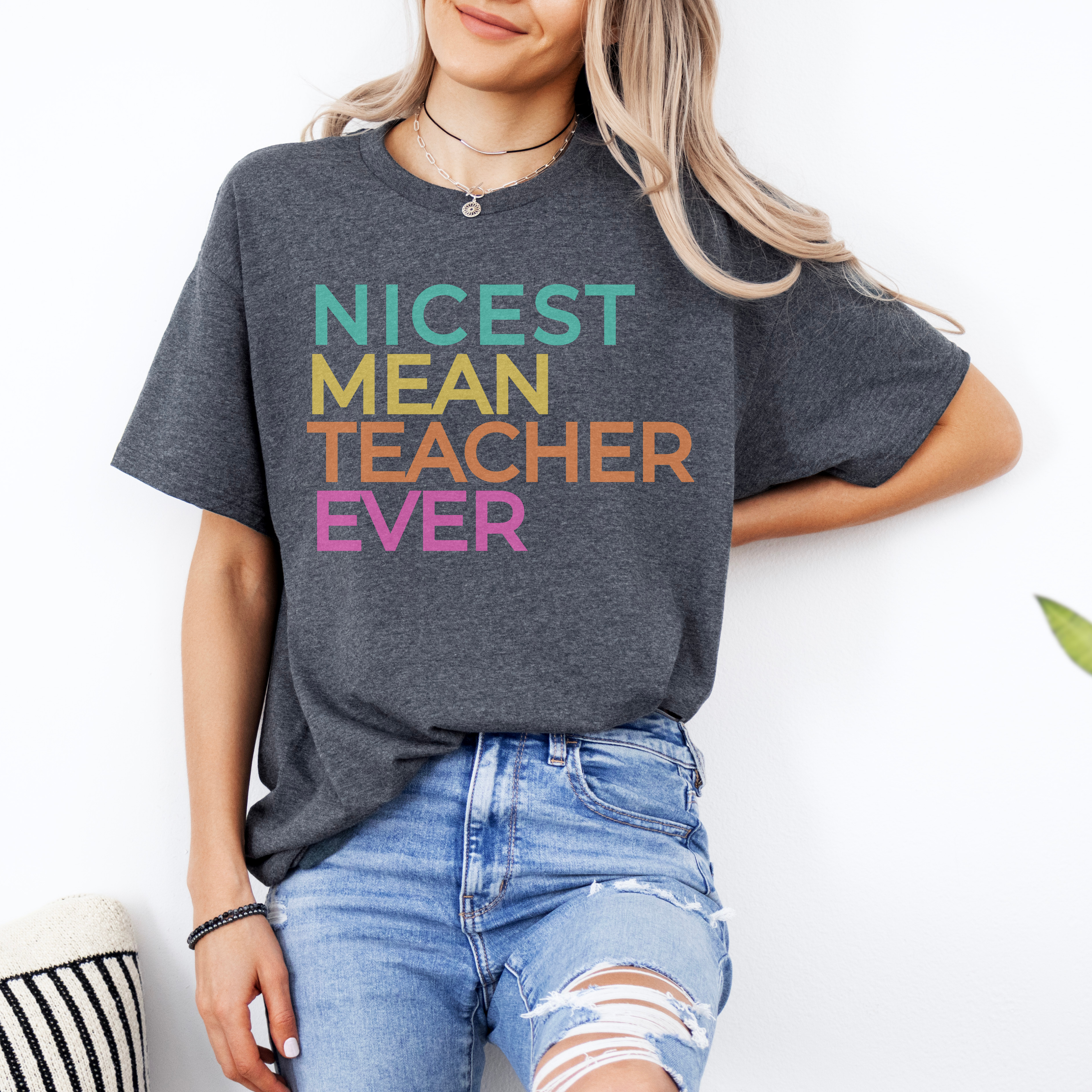 Nicest Mean Teacher Ever Graphic Tee – Funny Teacher Shirt – Colorful Classroom Tee – Teacher Gift Shirt