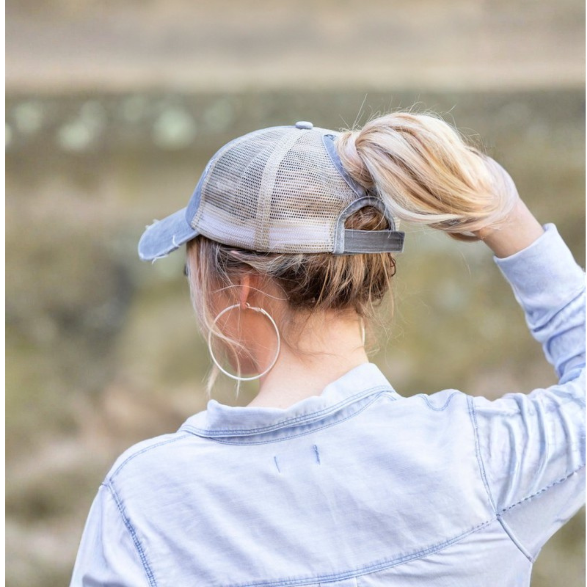 Distressed Ponytail Hat – Messy Bun Trucker Cap – Casual Boho Everyday Style