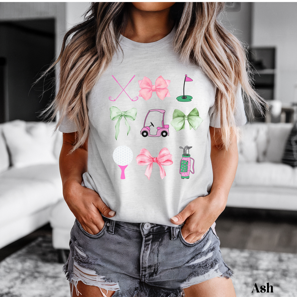 Coquette Golf Icons Tee – Pink Bow & Golf Girl Graphic T-Shirt