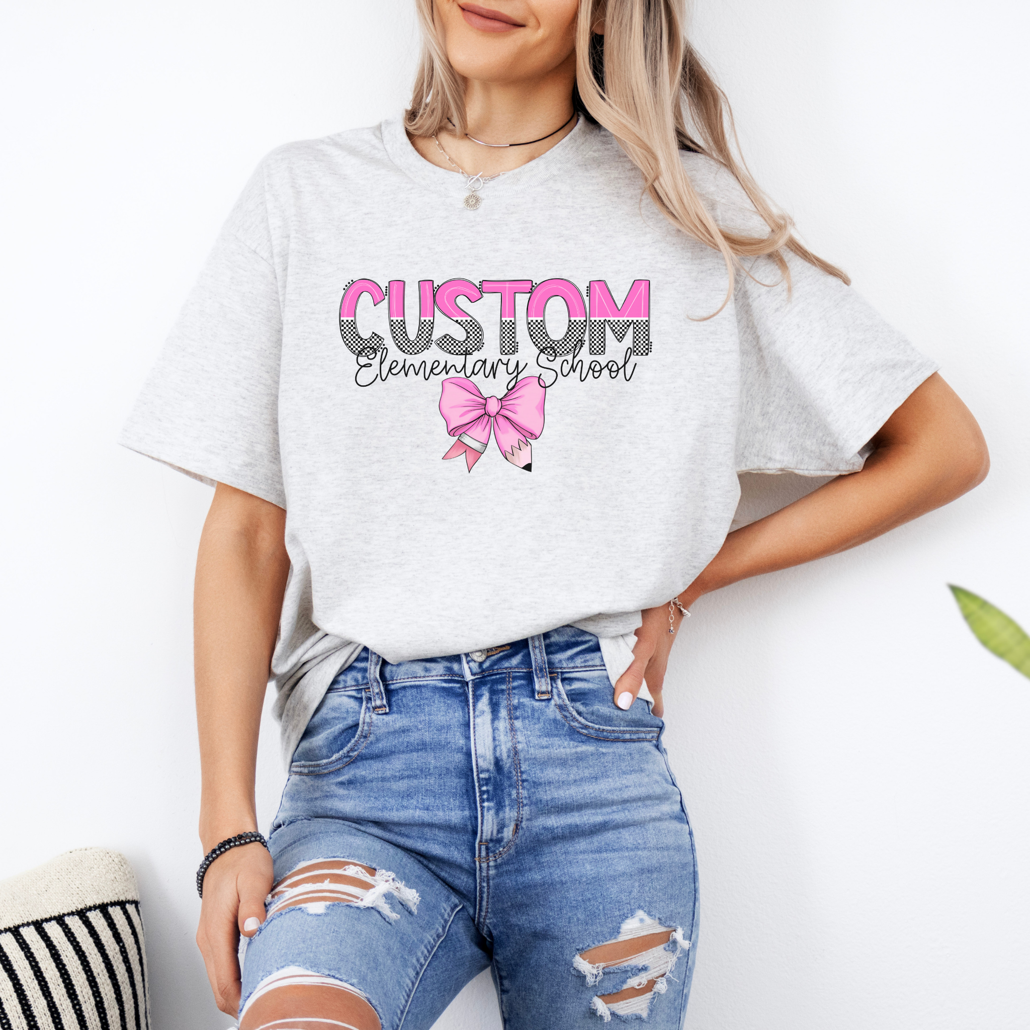 Custom Mascot Bow Tee | Coquette School Spirit Shirt, Trendy Checkered Graphic Tee