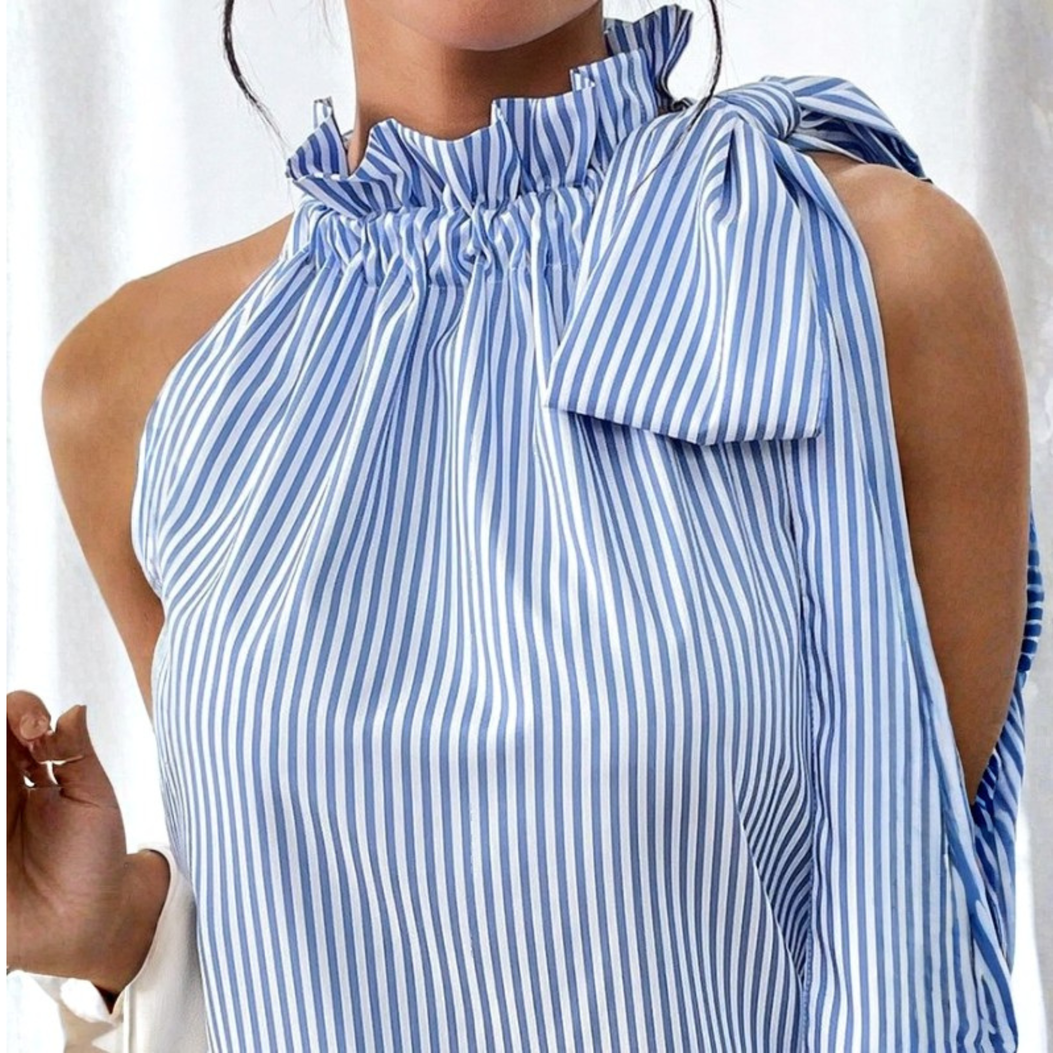 Blue Stripe Ruffle Neck Bow Tie Blouse