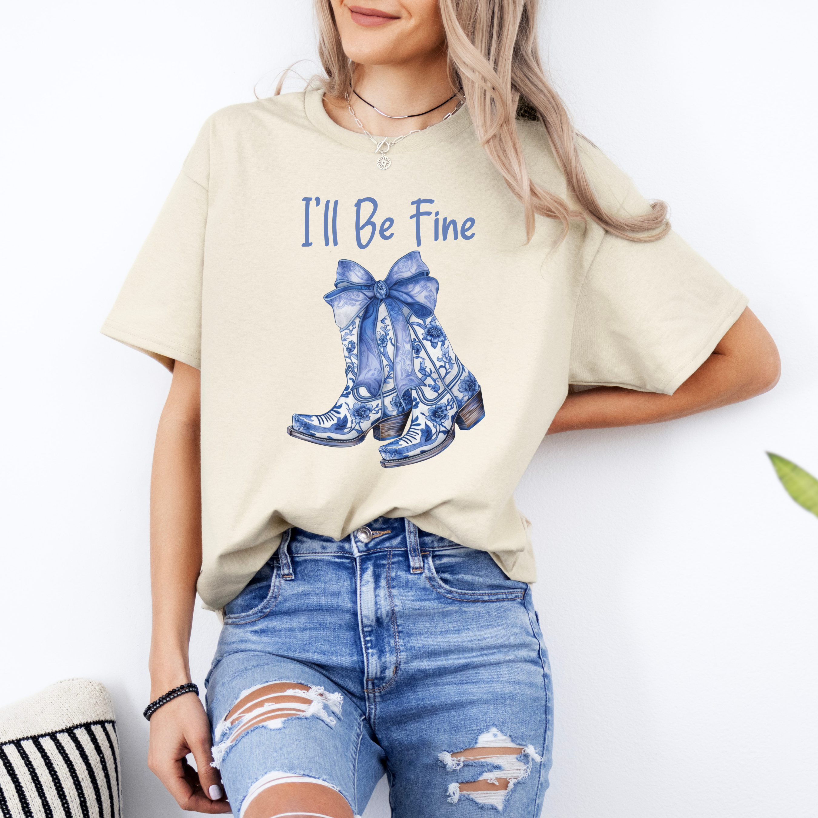 I’ll Be Fine Tee | Cute Cowgirl Boot Shirt, Western Coquette Graphic Tee for Women