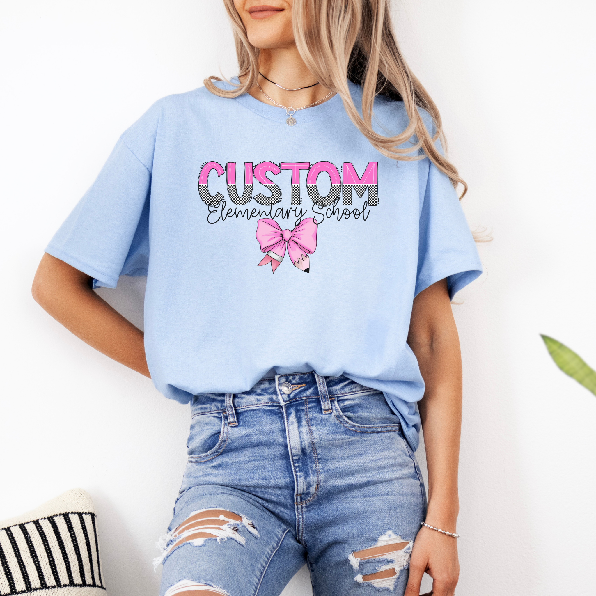 Custom Mascot Bow Tee | Coquette School Spirit Shirt, Trendy Checkered Graphic Tee