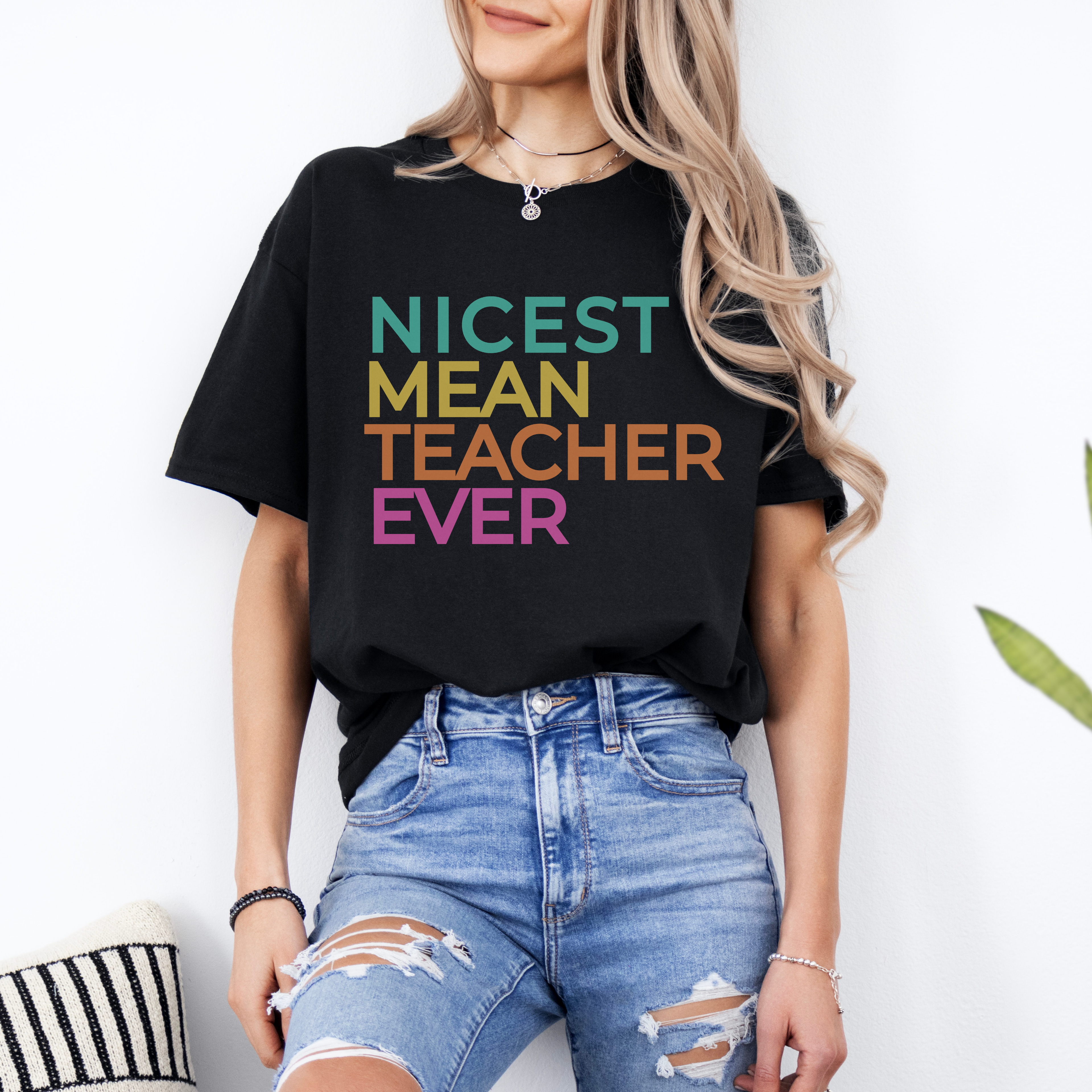 Nicest Mean Teacher Ever Graphic Tee – Funny Teacher Shirt – Colorful Classroom Tee – Teacher Gift Shirt
