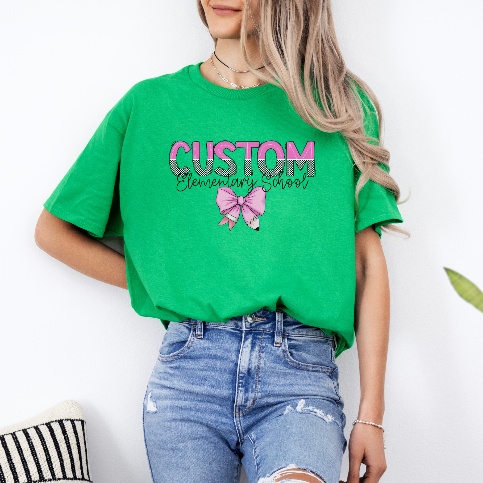 Custom Mascot Bow Tee | Coquette School Spirit Shirt, Trendy Checkered Graphic Tee