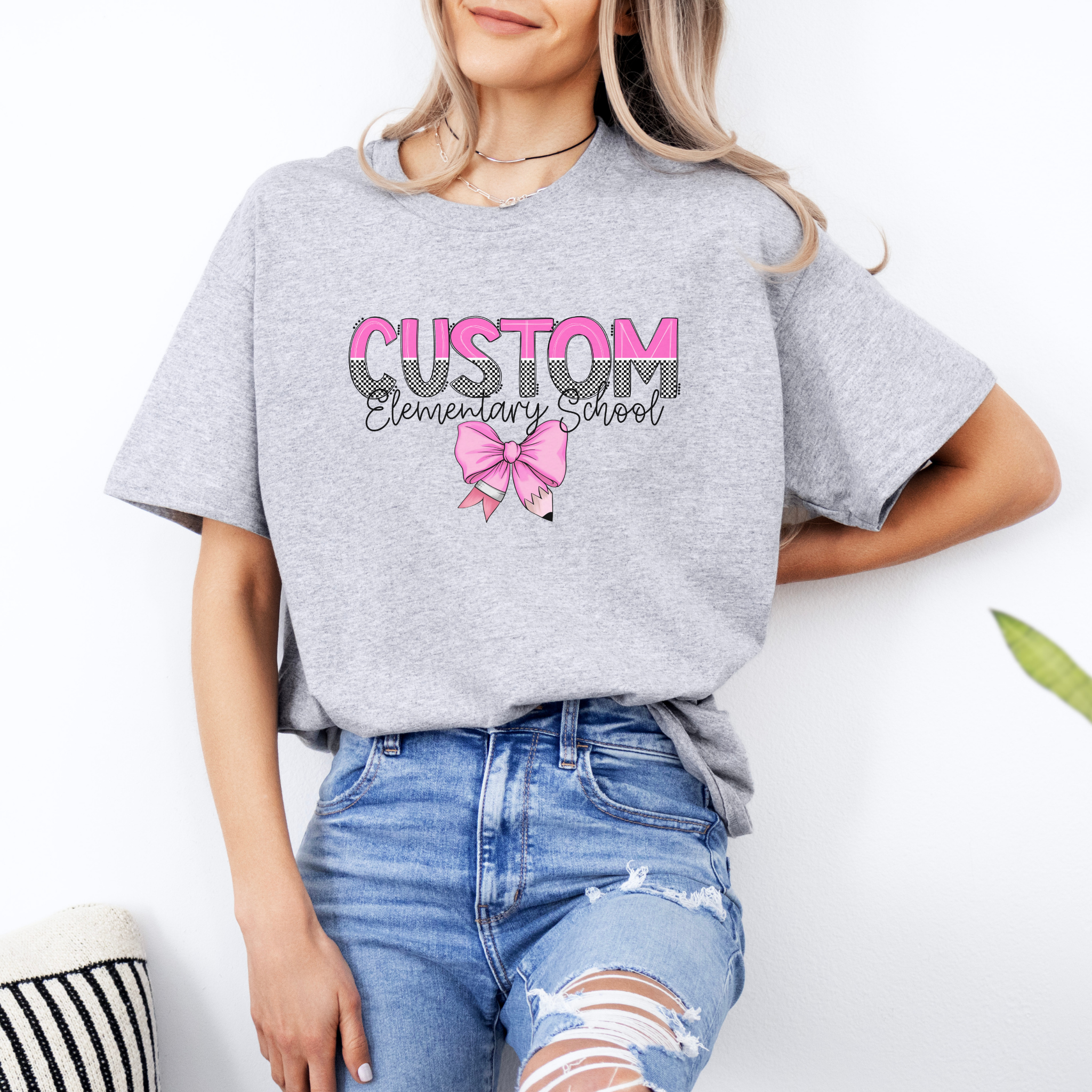 Custom Mascot Bow Tee | Coquette School Spirit Shirt, Trendy Checkered Graphic Tee