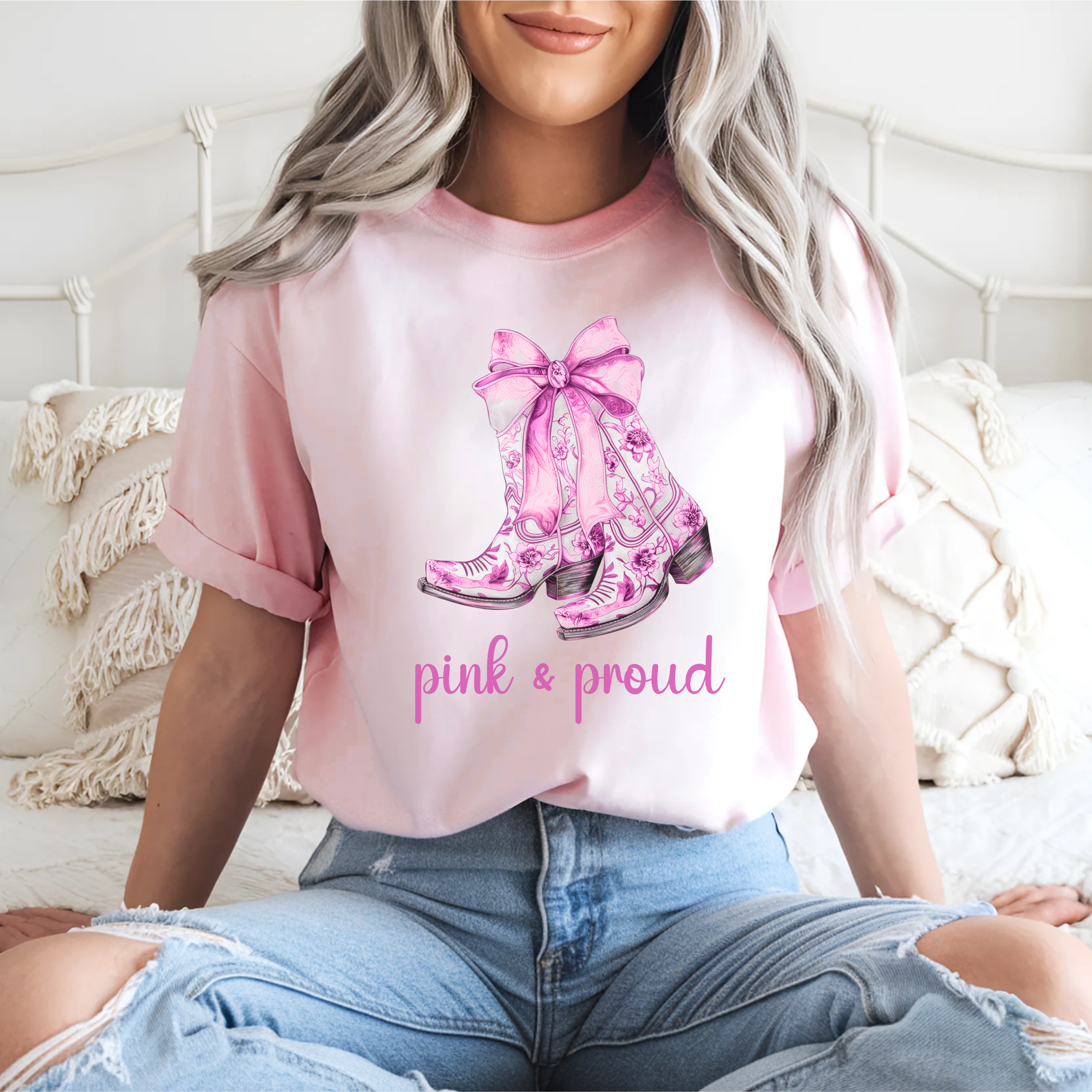 Pink and Proud T-Shirt, Pink Cowboy Boots Graphic Tee, Trendy Boho Statement Shirt