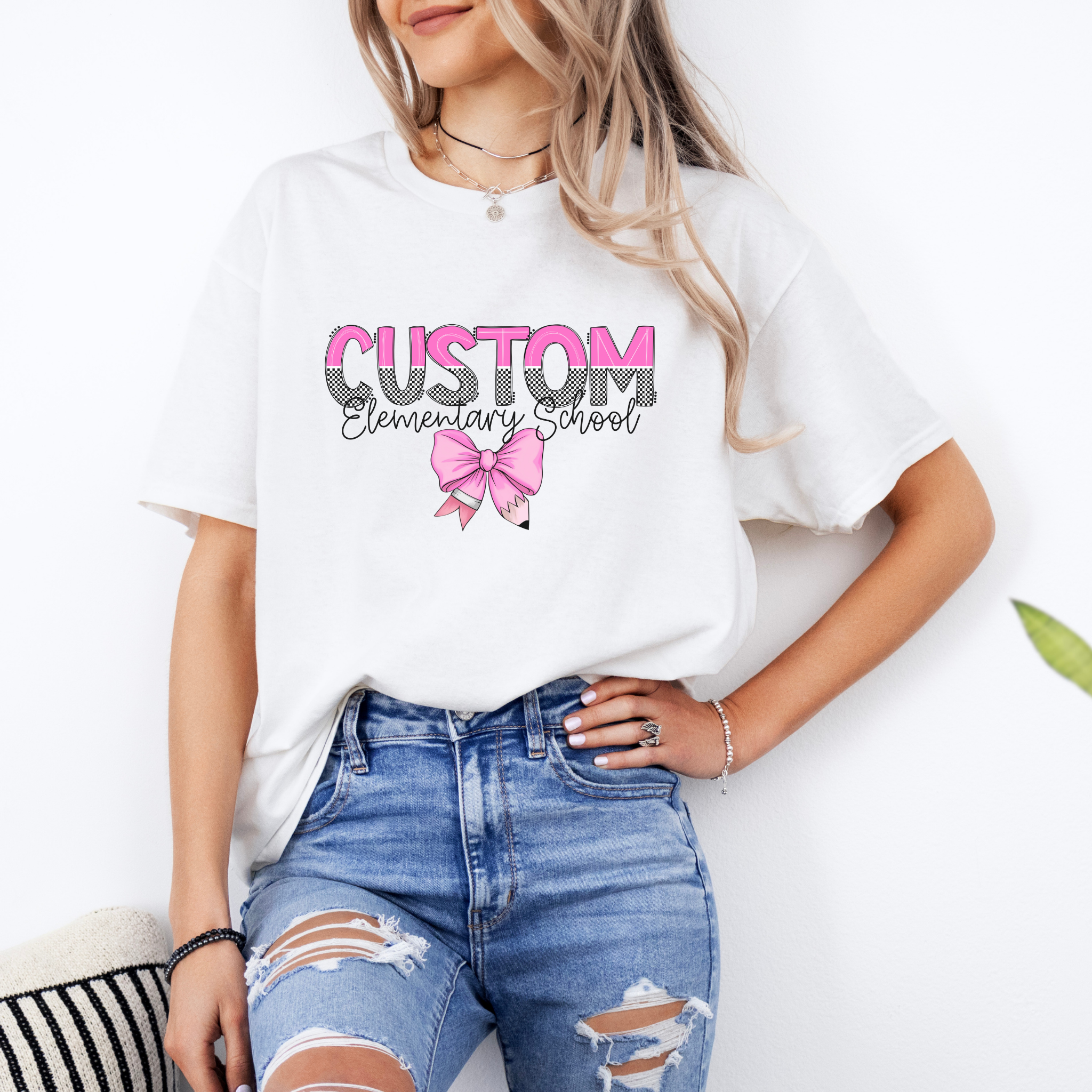 Custom Mascot Bow Tee | Coquette School Spirit Shirt, Trendy Checkered Graphic Tee
