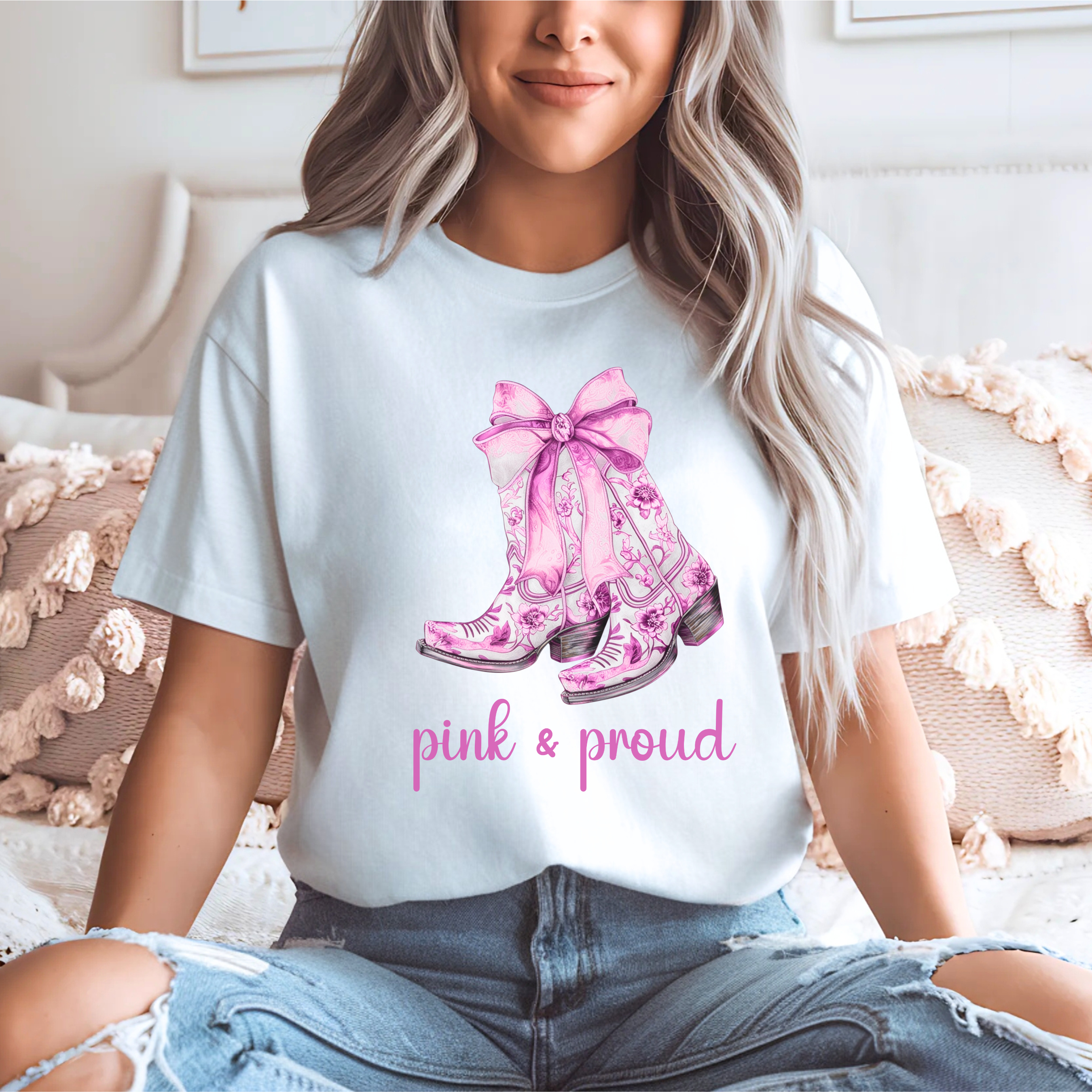 Pink and Proud T-Shirt, Pink Cowboy Boots Graphic Tee, Trendy Boho Statement Shirt