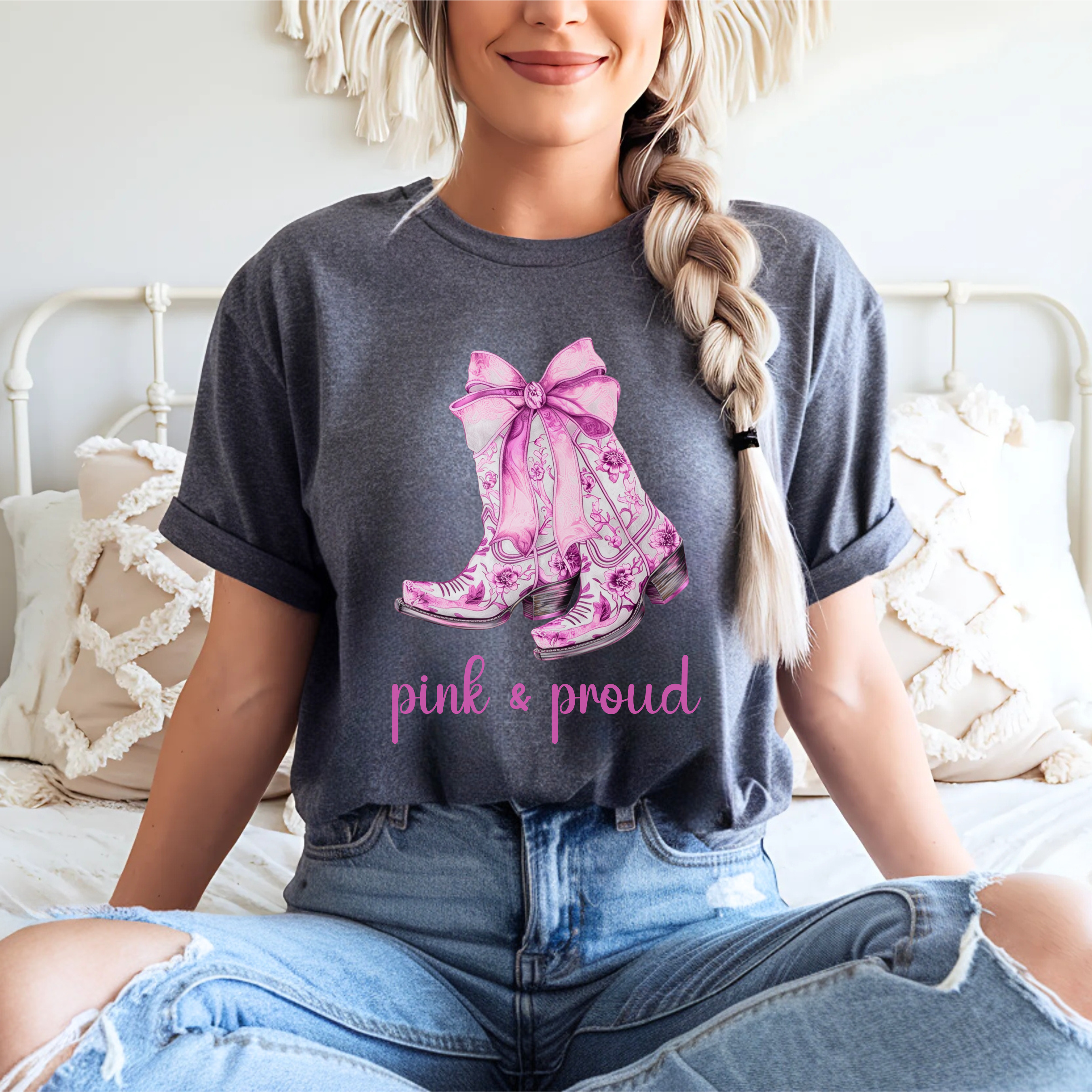 Pink and Proud T-Shirt, Pink Cowboy Boots Graphic Tee, Trendy Boho Statement Shirt