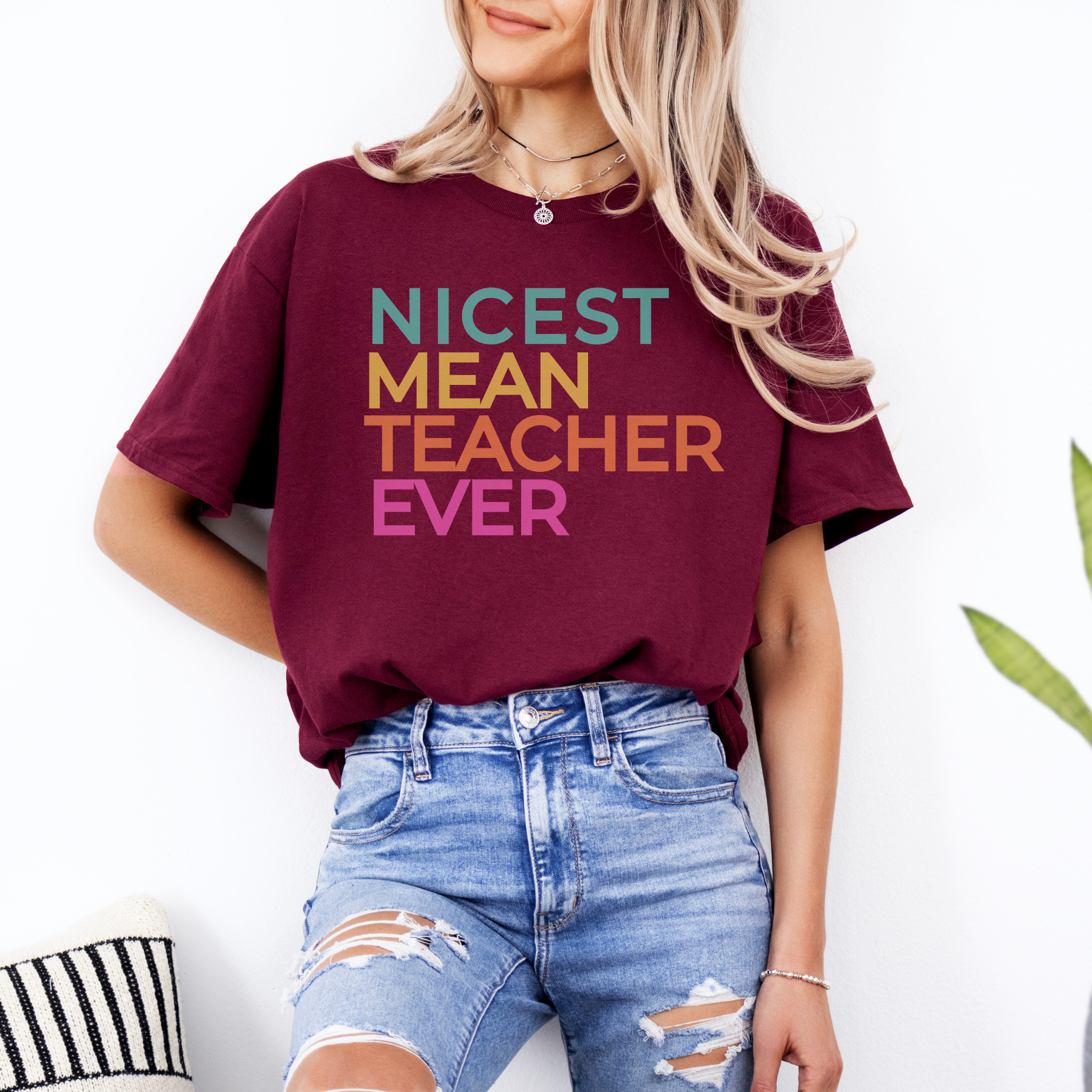Nicest Mean Teacher Ever Graphic Tee – Funny Teacher Shirt – Colorful Classroom Tee – Teacher Gift Shirt